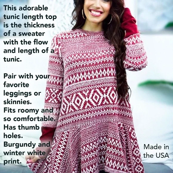 Warm Tunic Burgundy and Winter White Sweater - Picture 2 of 7